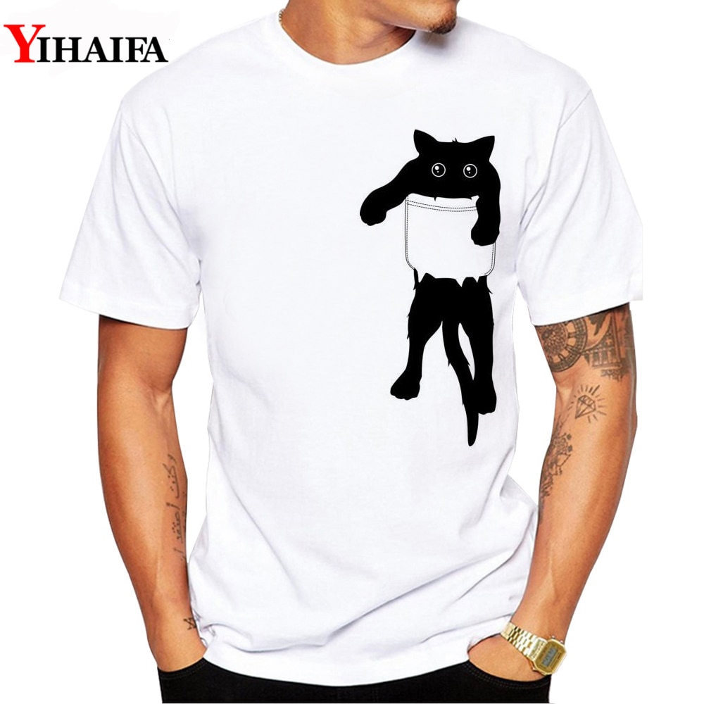 3D Printed Brand Men T-Shirt Pocket Cat Gym Print Hipster Summer Short Sleeve Funny Graphic Printed Tee Shirts White Tops