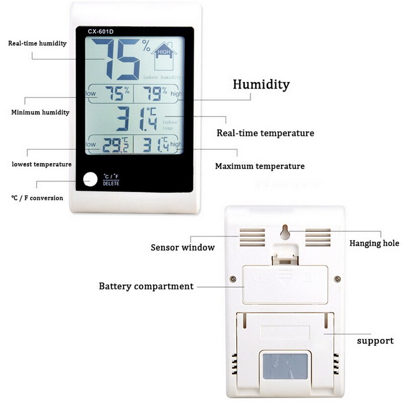 Junejour -601D Digital Thermometer Hygrometer Electronic Temperature Humidity Gauge Meter Weather Station Indoor Home Office