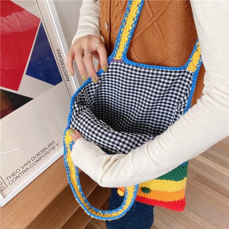 Tailândia arco-íris lona mensageiro saco de lã tricô tote bags para menina algodão pano bolsa de ombro feminino adorável estudante bolsa