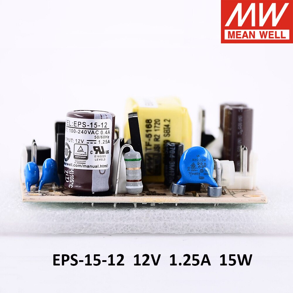 Meanwell eps -15 single output psu open frame ac-dc strømforsyning 15w 3.3v 5v 7.5v 12v 15v 24v 27v 36v 48v 1a 2a 3a mini størrelse: 12v 1.25a 15w