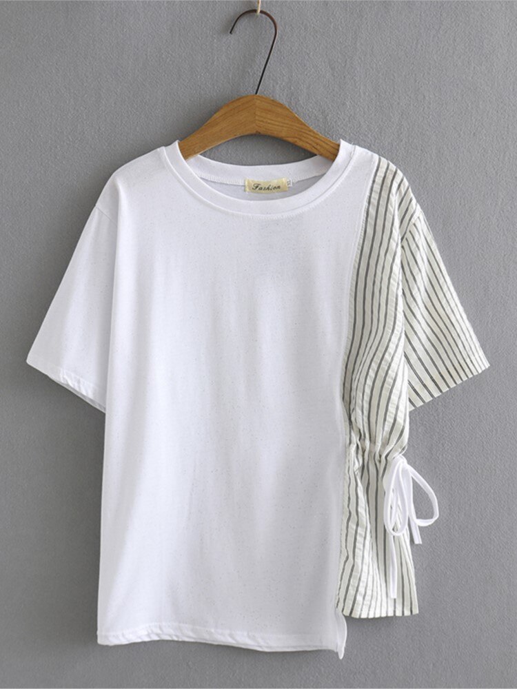 Plus Size Tops Vrouwen Kleding Femme T-shirt Gesplitst Gestreepte Trekkoord Zomer Korte Casual Korte Mouw Heldere Zijde Tees: WHITE / Xl