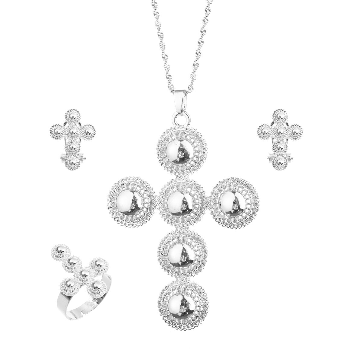 Set di gioielli con croce etiope orecchini con collana Color oro anello Habesha Africa regali di nozze: Argento placcato
