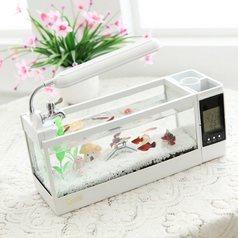 LED Light Aquarium Multifunction Clock Fish Bowl Mini Eco Small Office Desktop Landscape Glass Goldfish Building block