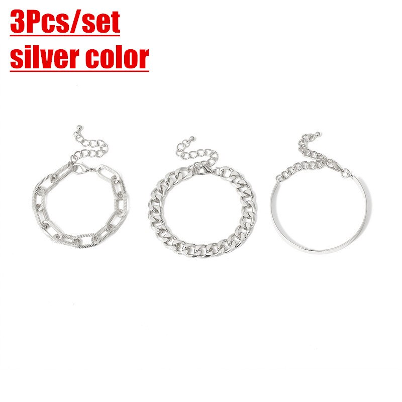 ZOSHI 3 Pçs/set Cobra Cadeia Pulseiras Criados para As Mulheres Moda Punk Grosso Ferro Chain link Pulseira Pulseiras Jóias Presentes Partido: 24062 Silver 3pcs