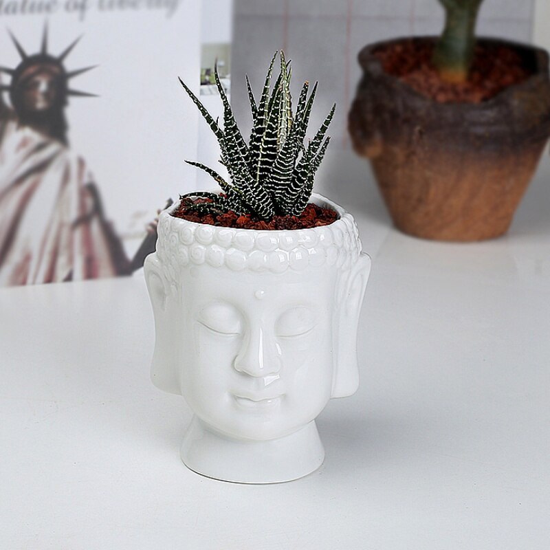 1 pieza estatua de Buda de cerámica maceta de Cactus de escritorio maceta de flores suculentas decoración de hogar Oficina florero blanco
