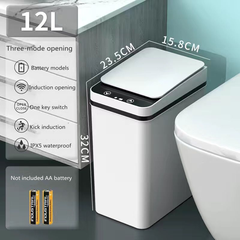 12L Intelligent Trash Can Smart Sensor Dustbin Automatic Rubbish Can USB Waterproof Dustbin Home Induction Garbage Bin Household: Battery white 3 mode
