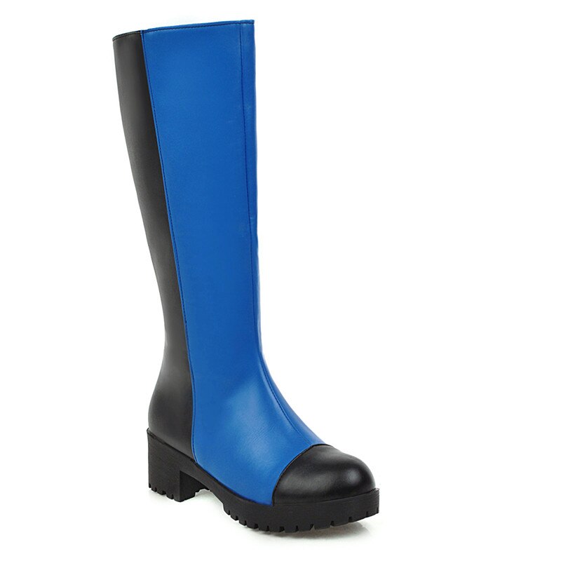 MORAZORA offre spéciale pu cuir genou bottes hautes simple med talons bout rond hiver garder au dames chaussures femmes bottes: Bleu / 12