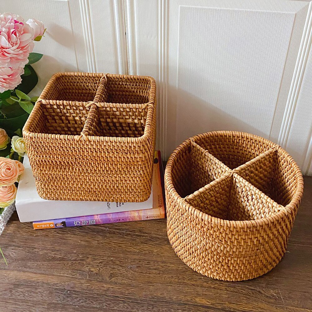 Hand-Woven Rattan Wicker Basket Desktop Storage Basket 4 Compartment Storage Boxes Storage Boxes Household Supplies