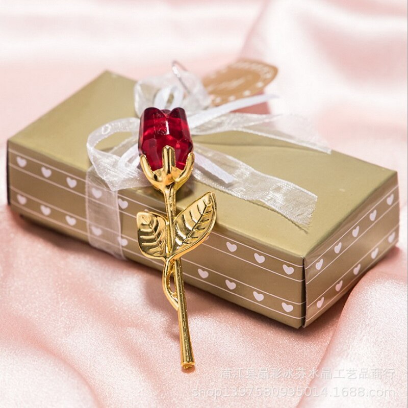(18 stks/partij) + Keuze Crystal Collection Red Crystal Rose met Gold Lange Steel Gouden Bruiloft Giveaway Voor Gast