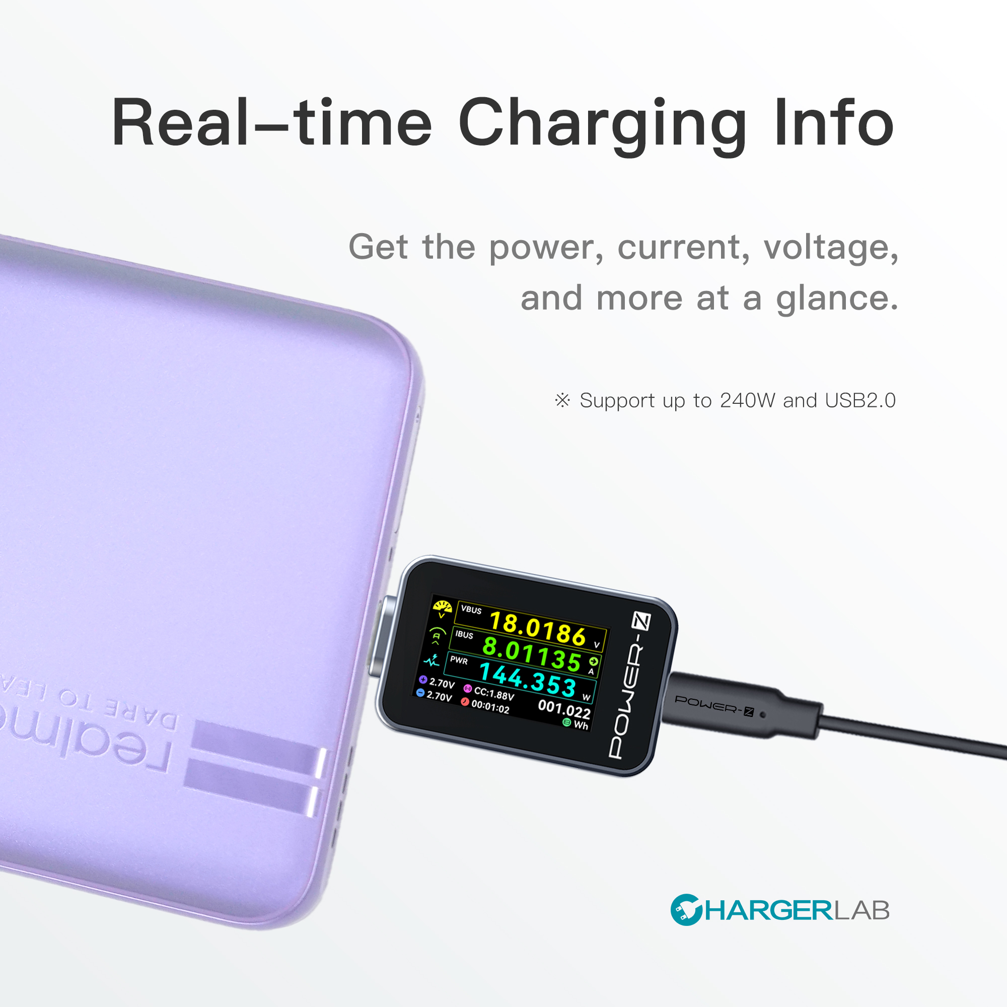 ChargerLAB POWER-Z C240 portable USB-C tester, digital power meter, supports 240W pd3.1 qc5.0, USB-C phones, laptops, Chargers
