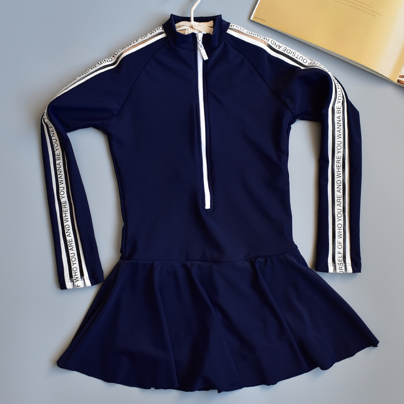 Girls Teenager Swimwear One Piece Swimsuit Dress Skirt Long Sleeve Solid Sport Bathing Suit 10-16 Years Big Girl Swimming Wear