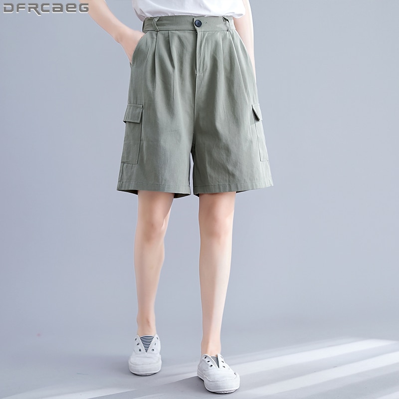 Sommer kæreste cargo shorts kvinder løs elastik talje plus size korte bukser vintage bomuld lange shorts brede ben korte femme