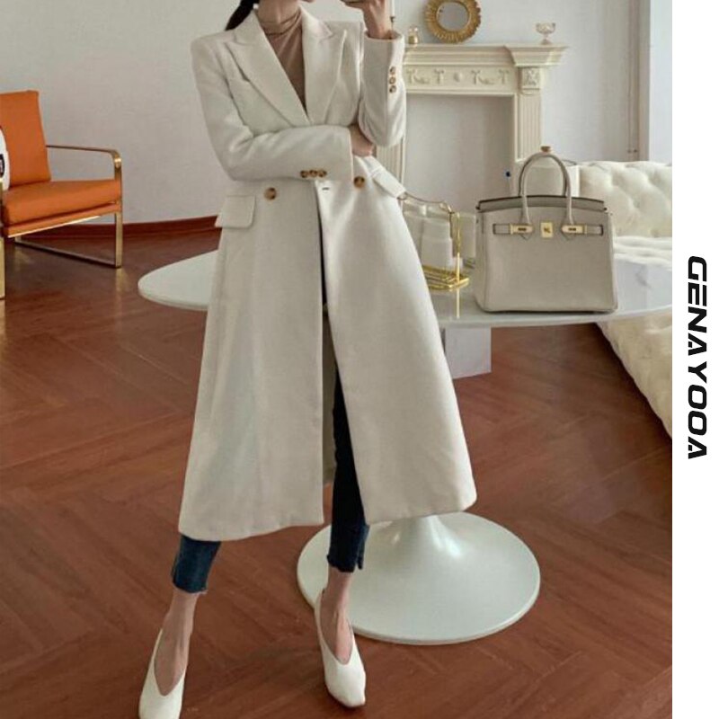 Genayooa kvinnor vinter vit kappa ull kontor damer lång kappa varm dubbelknäppt överrock koreansk