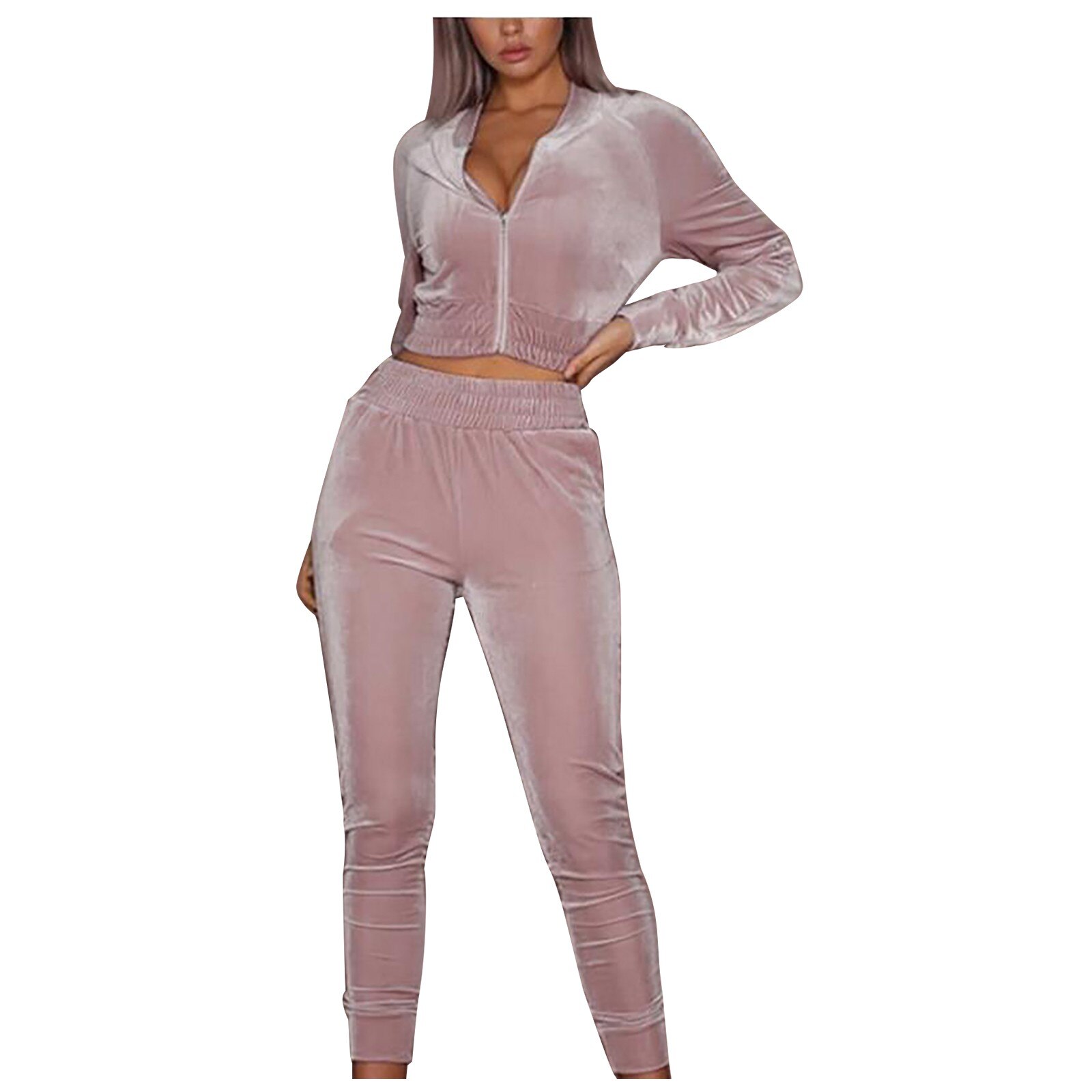 Women Down Lounge Wear Suit Sport Set Comfortable Zipper Long Sleeve Tops+pants Autumn Winter Women Tracksuit Two Piece Set @40: Pink / M