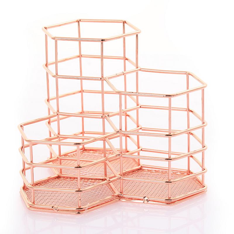 Makeup Brush Holder Hexagon Vase Metal Mesh Basket Desk Organizer Wire Golden Pen Pencil Hollow Holder Beauty Makeup Kit