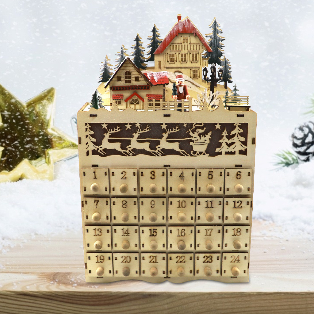 Skapelser träjul adventskalender husformad kalenderlåda julgransprydnad nedräkning till jul led-ljuskalender