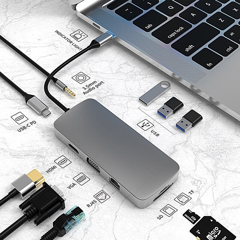 10 in 1 USB Typ C Hub zu HDMI-Kompatibel VGA Hub Docking Bahnhof RJ45 Lan Ethernet SD TF für USB Hub Adapter