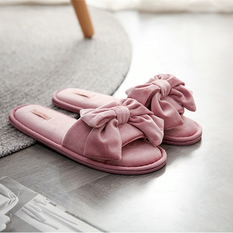 Pantufas femininas soladas e antiderrapantes, sapatos de mulher com laço e sola macia, para quarto e primavera chinelos