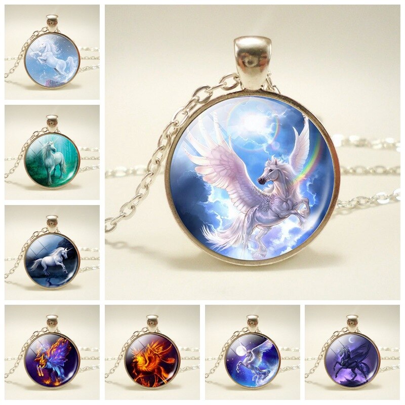 NPKDS di Modo Nuovo Collana In Lega di Zinco di Vetro Del Pendente Rotondo. Unicorn Tempo Gioiello Della Catena Del Maglione Preferito Regalo Di Compleanno