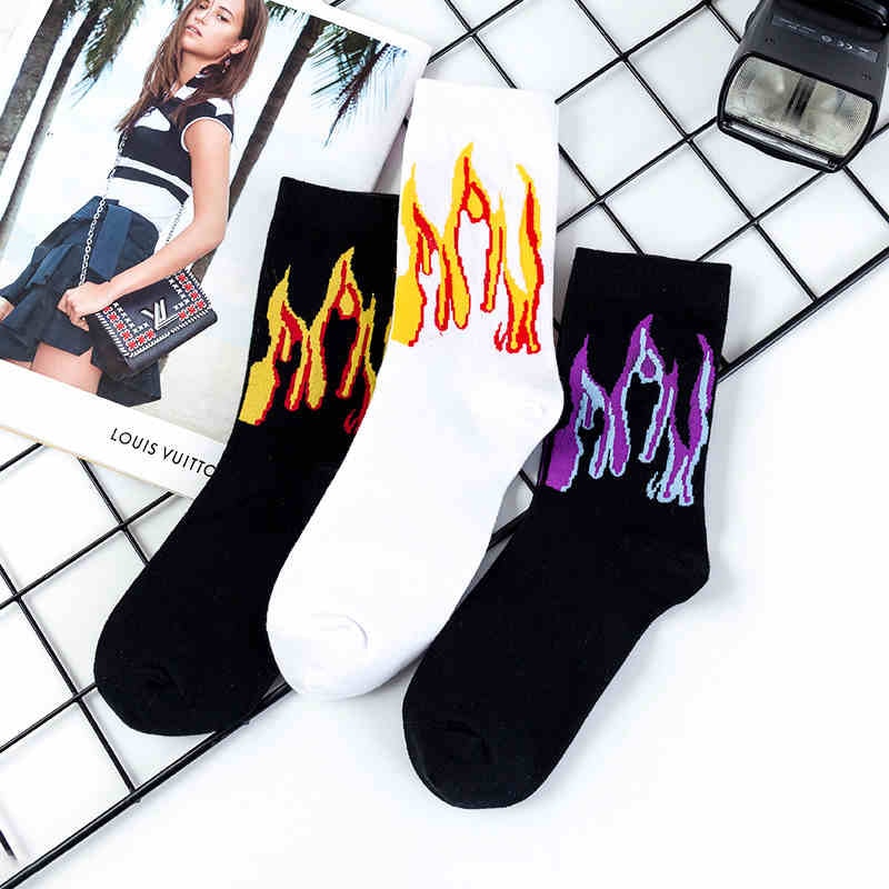 Men Sock Hip Hop Color On Fire Crew Socks Red Flame Blaze Power Torch Warmth Streetwear Skateboard Cotton Socks