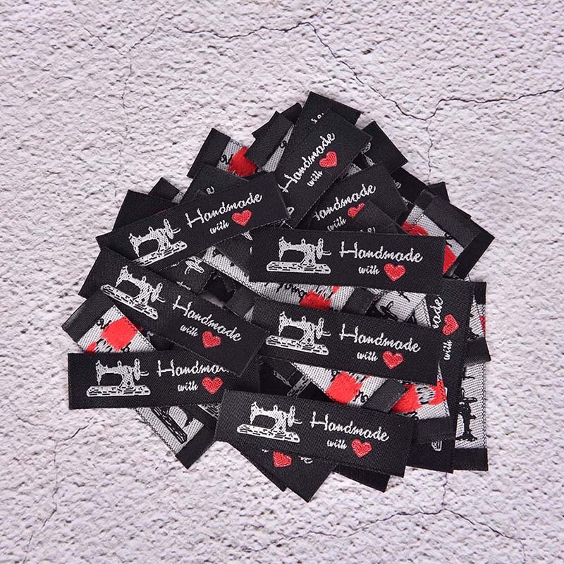 50 stk diy flagetiketter til beklædningsgenstand tilbehør vævet håndlavet med kærlighed kat symaskine tøj etiketter præget tags