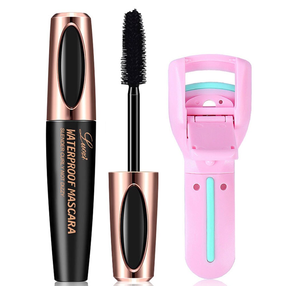 Mascara épais en Fiber de soie 4D, kit de maquillage résistant à l'eau, Volume noir et Durable, avec stylo à recourber les cils, pour une journée entière: Mascara and curlers