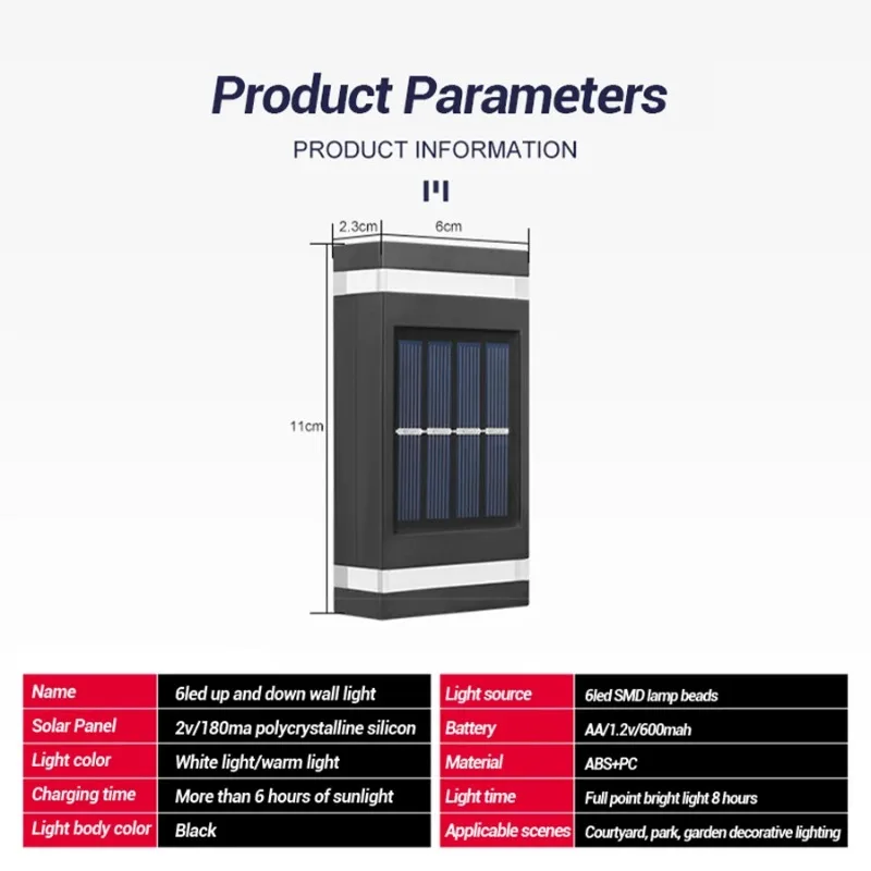 6LED wandlamp op zonne-energie, buiten waterdicht licht, omhoog en omlaag, verlichting, tuindecoratie, buitenzonlichten