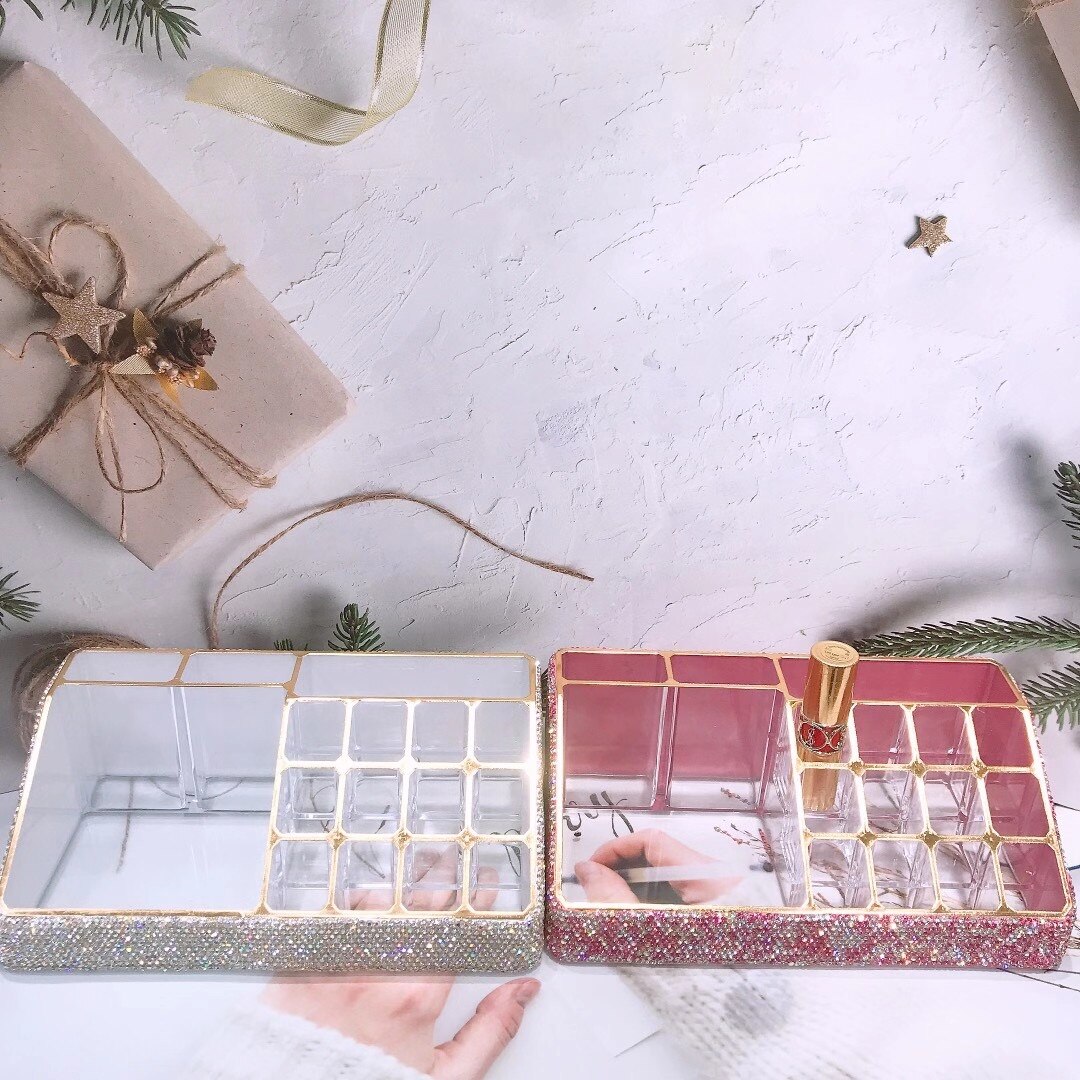 Sparkling Acrylic Box Make Up Organizer All Rhinestones Handmade Bathroom Organizer Plastic Storage Box Dressing Table Storage