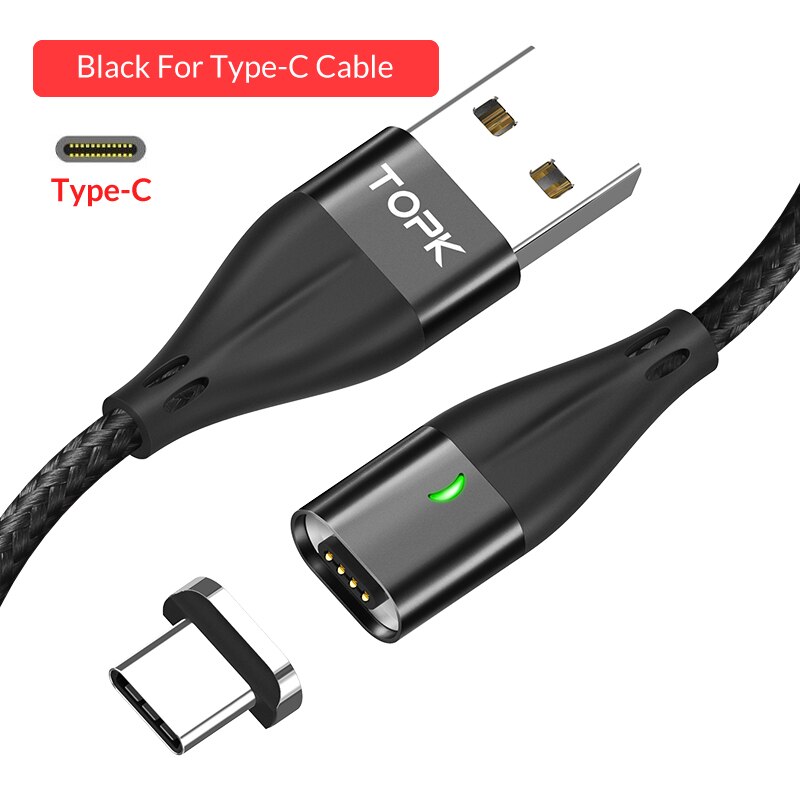 TOPK 3A USB Type C Magnetic Cable for Xiaomi Redmi Note 7 Fast Charging Data Cable for Samsung Galaxy S9 S8 Note 9 Type-C Cable: Black Cable