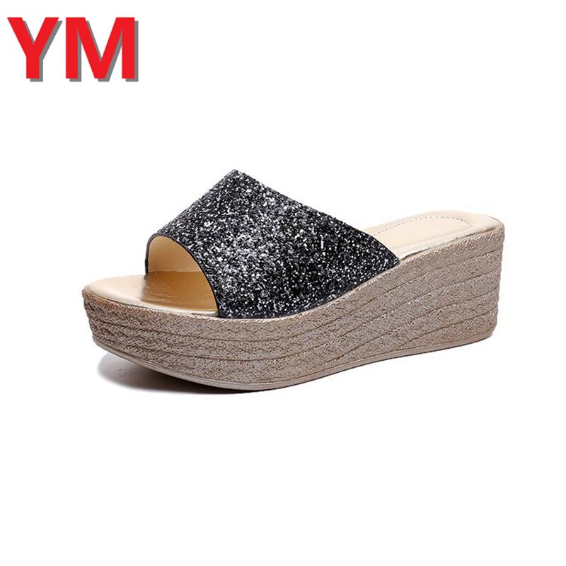 Zomer bling dames slippers rome retro casual schoenen dikke onderkant wig hak open teen sandalen strandschoenen slip on slides dames: Zwart / 35