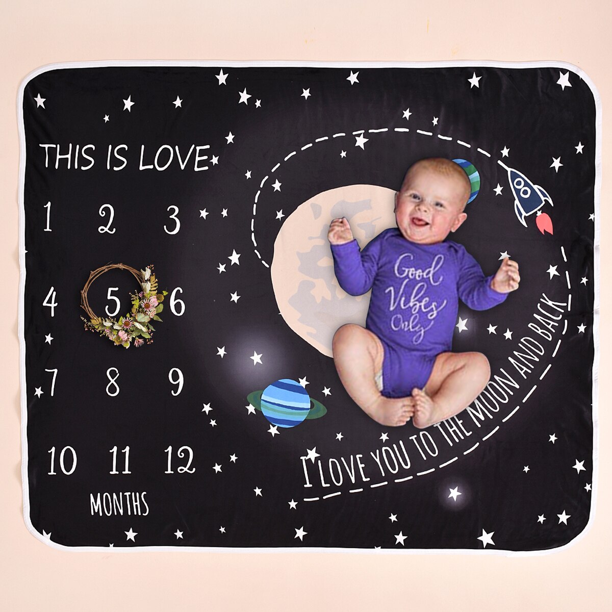 Zwarte Baby Universe Afdrukken Milestone Deken Pasgeboren Inbakeren Wrap Photo Achtergrond Doek Maandelijkse Groei Nummer Fotografie Props