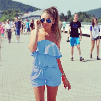 Sommer dameoveralls afslappet flæser shorts rompers elastikbånd off shoulder playsuits sweet beach dame jumpsuits