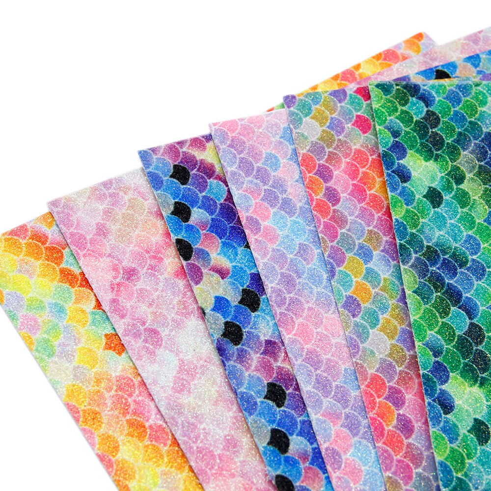 6 st 20*34cm sjöjungfrumönster tryckta glitter syntetiskt läder set, handgjorda material för att göra projekt ,1 yc 5869