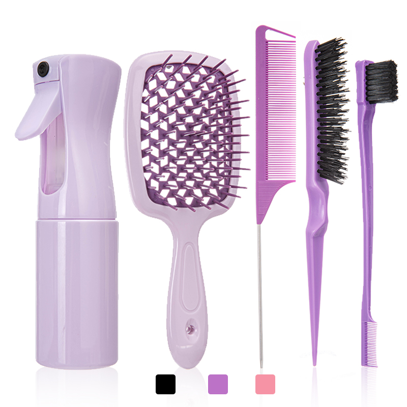 5 unids/set cepillo para desenredar el cabello, cepillo para peluca rosa, peine de cola de rata curvada, cepillo para el cabello con borde, cepillo para el cabello rizado, suministros de peluquería