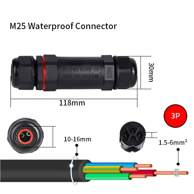IP68 Waterproof Connector 2/3/4/5 Pin Electrical Terminal Adapter Wire Connector Screw Pin connector LEDLight Outdoor Connection: M25-3p