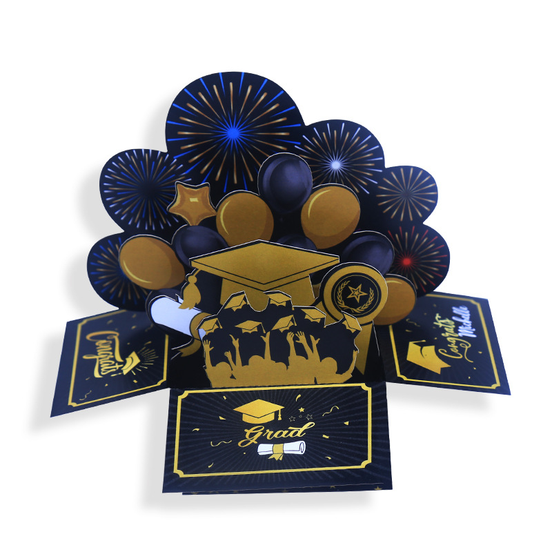 Black Gold 3D Graduation Box Decoration Souvenir Paper Pop-up Greeting Card With Envelope For Graduation Season