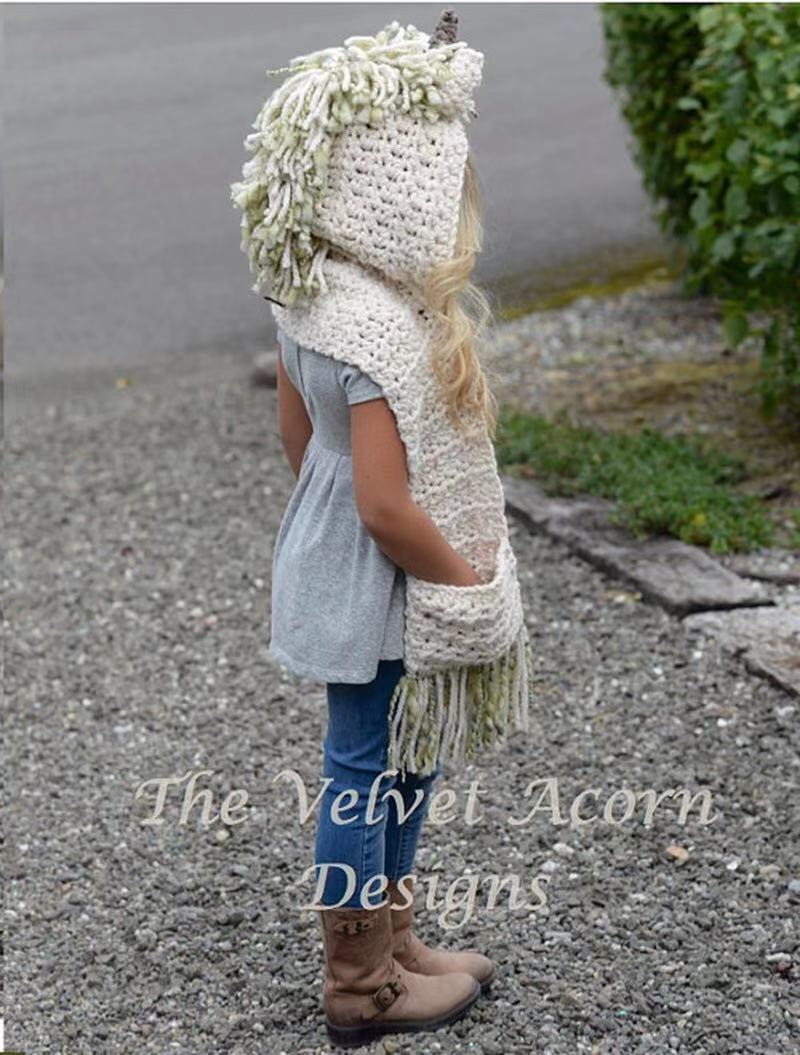 Los niños sombrero de unicornio de lana capa a crochet sombrero lindo para los niños del bebé hecho a mano bufanda de dibujos animados sombrero de otoño e invierno para las mujeres