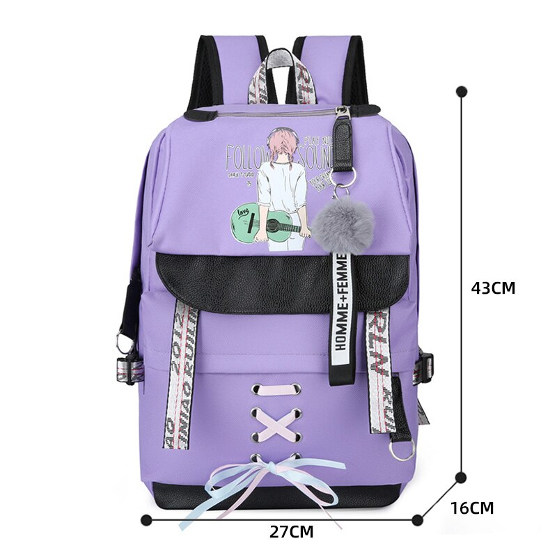 Canvas School Bags For Girls Teenagers Backpack Women Bookbag USB Charging Large Capacity Middle High School Backpacks Schoolbag: 658-purple