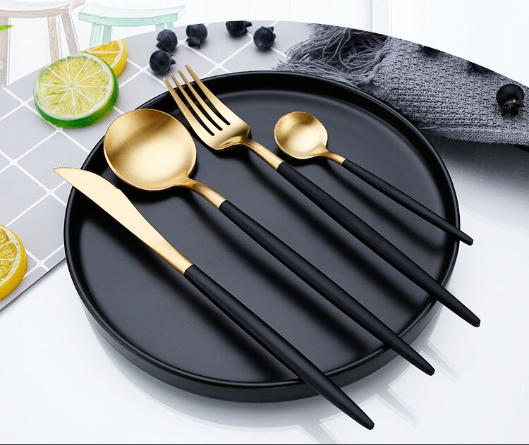 Fabrik 4 stk grøn guld bestik sæt smukt titanium service 18/10 rustfrit stål til køkken service spisebord sæt