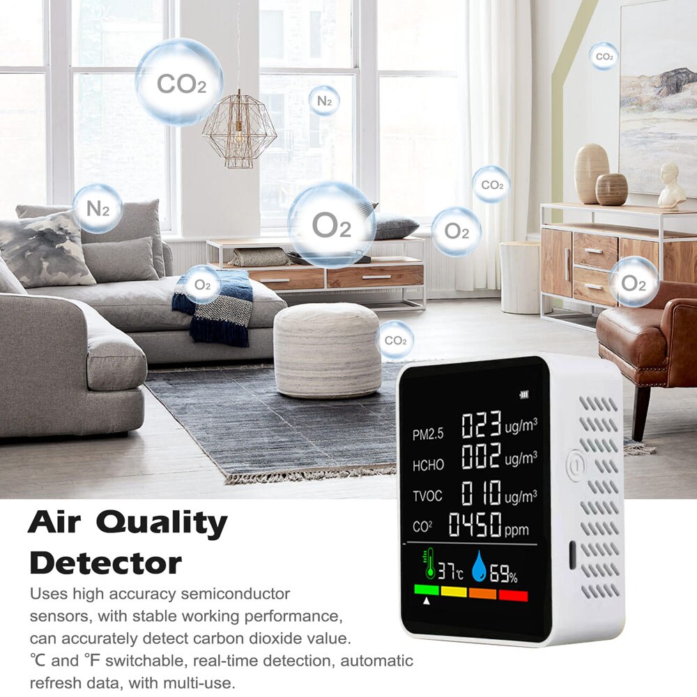 CO2 Meter 6 In 1 Household Air Detector CO2 Meter Digitale Temperatuur Vochtigheid Sensor Tester with Alarm Function