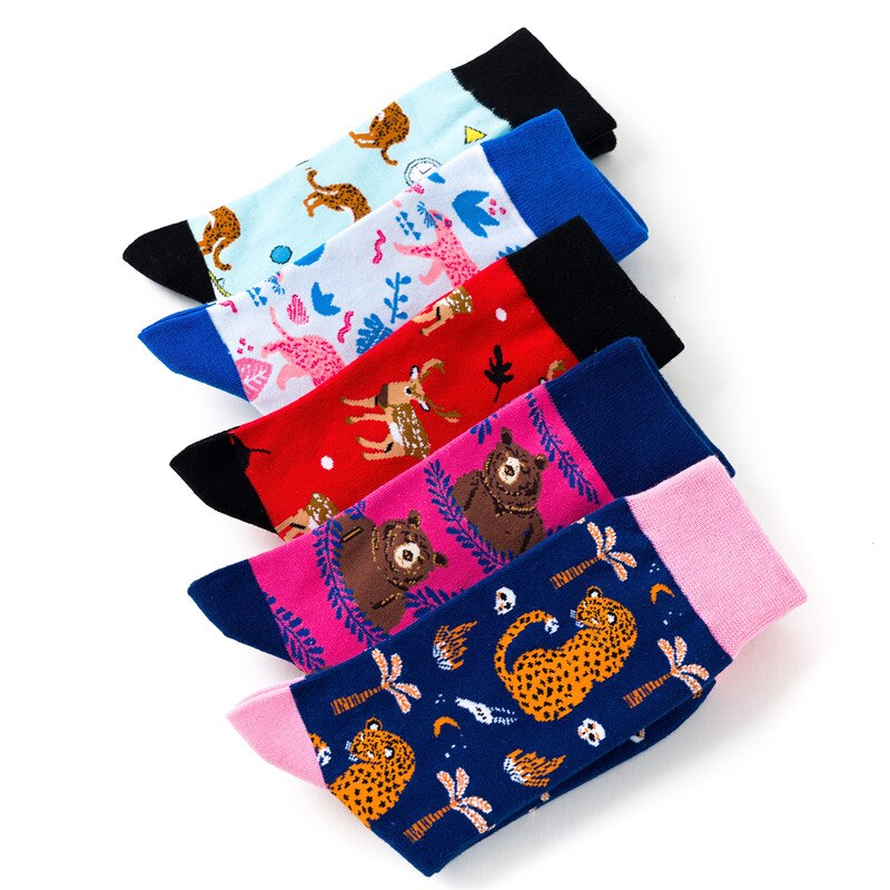 1 Pair Female Socks Cartoon Bear Deer Leopard Cute Funny Casual Women Cotton Sock Hosiery Streetwear Harajuku Crew Sock