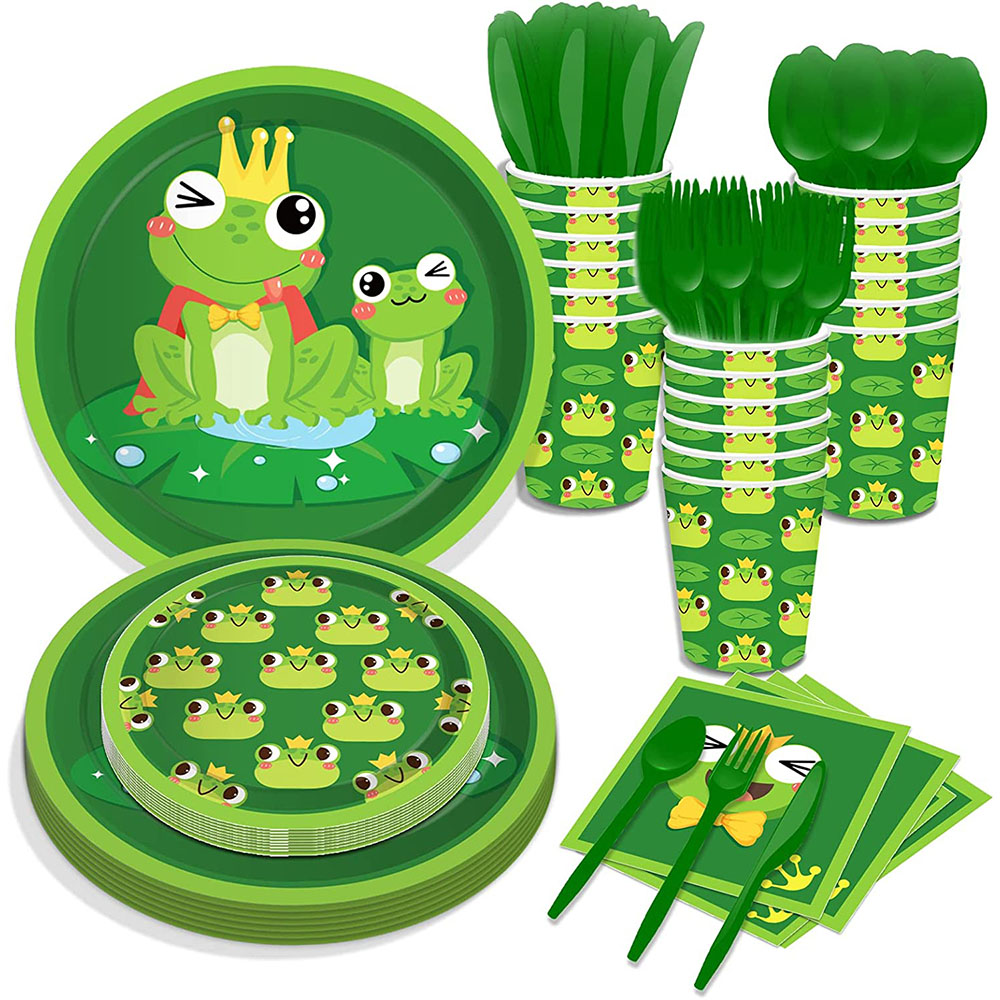 Frog Birthday Party Supplies Disposable Tableware Frog Plates Napkins Cups Latex Foil Balloon Frog Themed Birthday Party Supplie