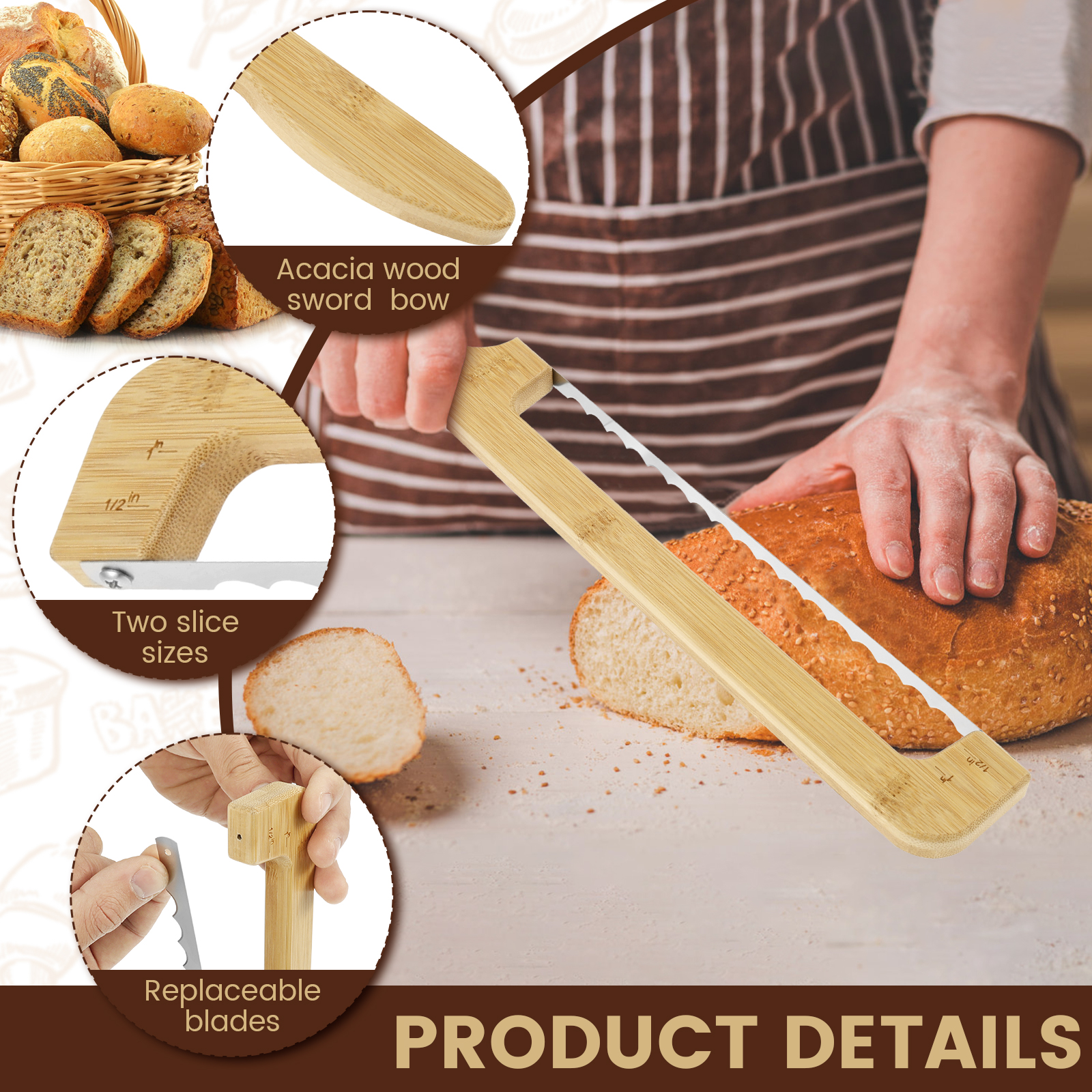 Wood Sourdough Bread Knife Slicer with Blade Protector and Storage Bag Serrated Bow Bread Knife with Handle for Even Slicing