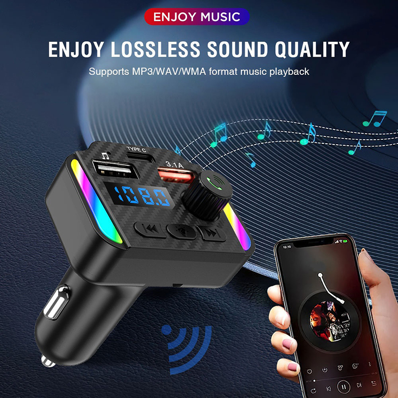 Bluetooth 5.3 bil fm-sändare pd typ-c dubbel usb  mp3- spelare bilradio modulator snabbladdningsadapter handsfree färgglatt ljus