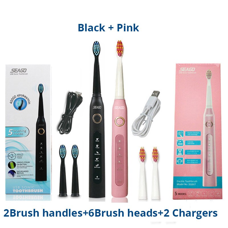 Adulto sônico escova de dentes elétrica seago SG-507 recarregável 5 modos profunda oral limpo macio dupont cerdas cabeças escova: PinkBlack