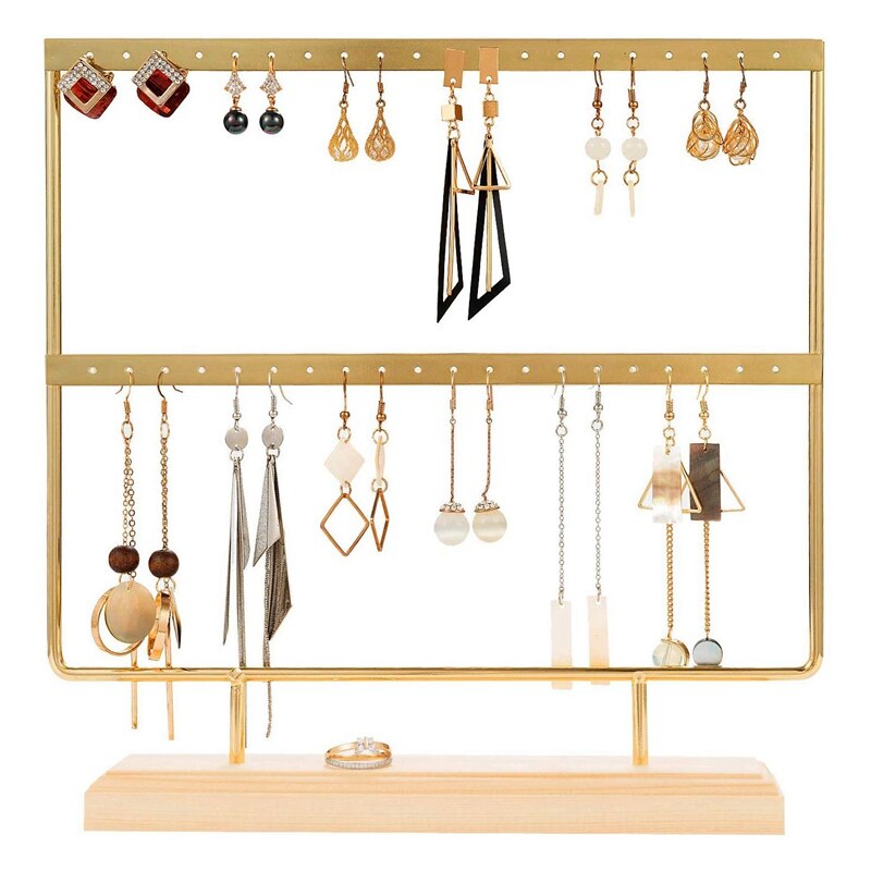 Gouden Oorbel Stand Oor Stud Houder Hout Oorbel Houder Sieraden Houder Rack Sieraden Stand Display Met Lade/Schotel Voor oorbellen Nec