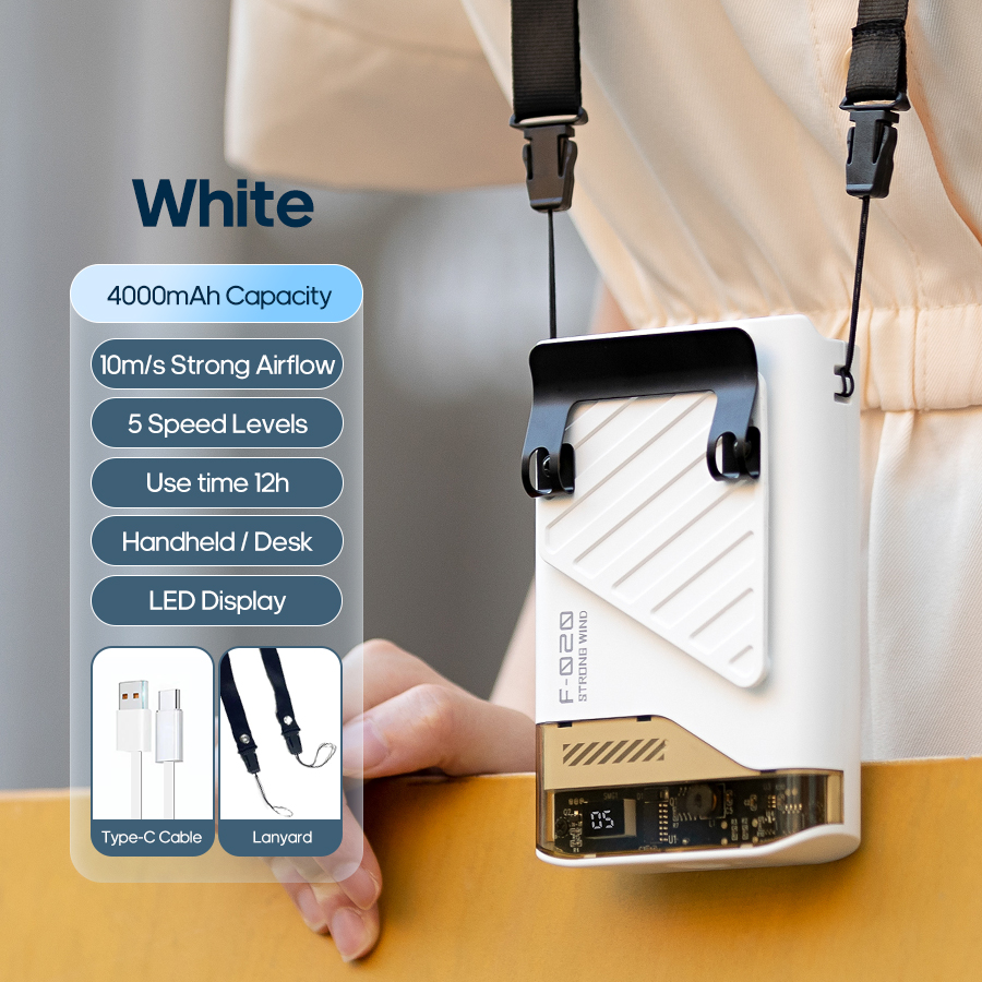 Mini 4000 mAh draagbare reisventilator 5 windsnelheden Camping Outdoor draagbare ventilator Oplaadbare koelventilator met LED-voedingsdisplay: WIT