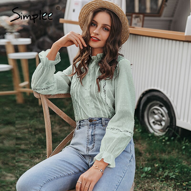 Simplee forår sommer chic hvid bluse vintage udhulet kvindelige kontor damer toppe afslappet blonder lange ærmer korte toppe