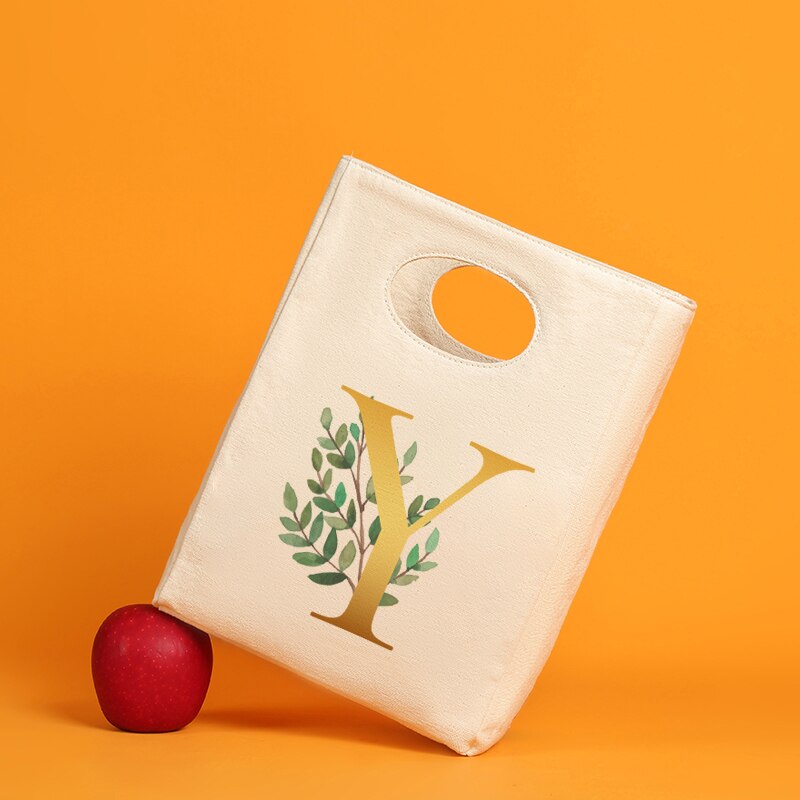 Gold Letter Canvas Neutral Insulated Lunch Bag Canvas Tote Thickened Neutral Reusable Office Picnic Portable Food Storage Bag: 9GoldfY