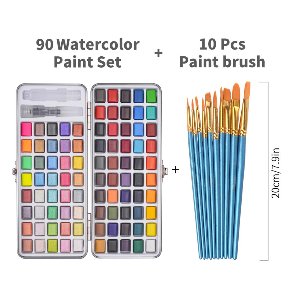 50/90 Colors Solid Watercolor Paint Set Contains Brushes in a Portable Metal Box for Beginner Drawing Painting Art Supplies: 90  with 10 Brushes